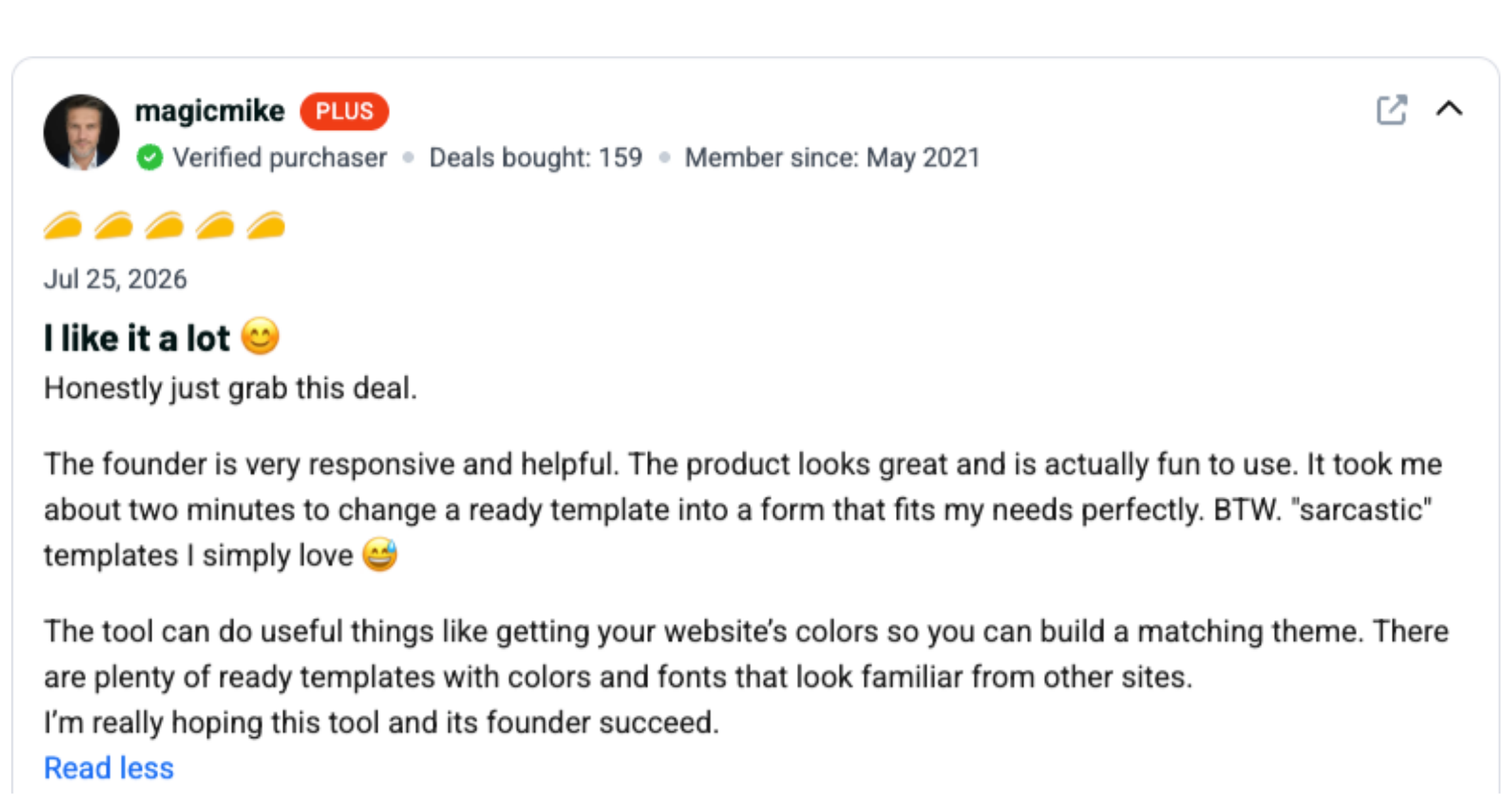 AppSumo review of Mapster: I like it a lot, five stars from a verified purchaser with 159 deals bought