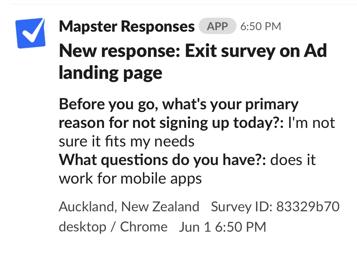Example Mapster survey response posted as a formatted message in a Slack channel